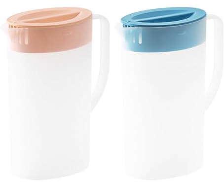 2 Caraffa per Succhi di Frutta, 2 litri Caraffa per Acqua in Plastica, Brocca d'acqua con Coperchio e Manico, Contenitore Acqua Frigorifero per Bevande Fredde Calde, Tè, Limonata, Latte, Succo