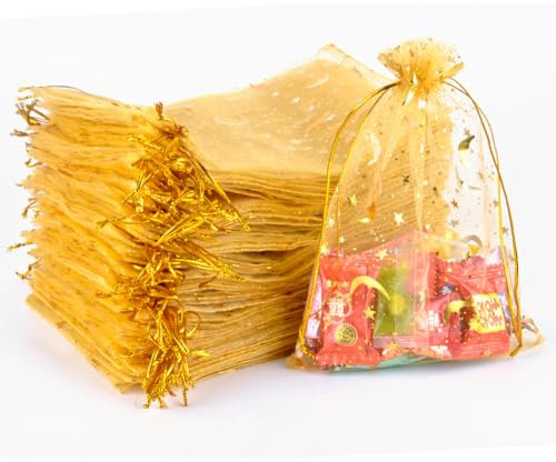 CLTPY 100 Stück Organzasäckchen 15x20cm Golden Organzabeutel mit Stern und Mond Geschenksäckchen, Organza Säckchen zum Befüllen, Kordelzug Schmuckbeutel, Weihnachtstüte Hochzeiten Parteien