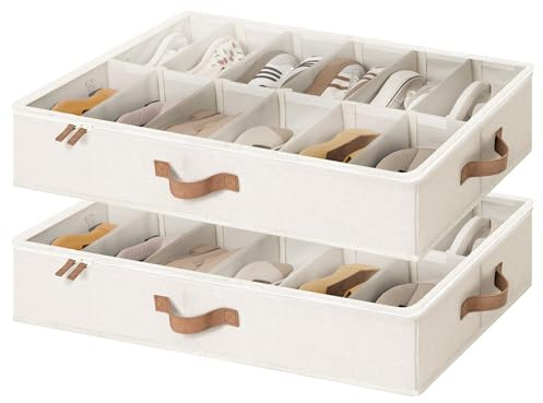 StorageWorks Organisateur de chaussures sous lit, Conteneur à chaussures ajustable avec séparateurs pour 24 paires, Boîte de rangement sous lit avec couvercle, Gain de place, beige, Lot de 2