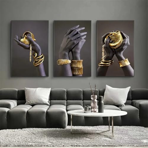 NXMYDBD Modische afrikanische Frau mit Goldschmuck, Leinwand-Poster und HD-Wandkunst, Gemälde für moderne Wohnzimmerdekoration, Wandbild, 50 x 70 cm (20 x 28 Zoll), 3 Stück, ungerahmt