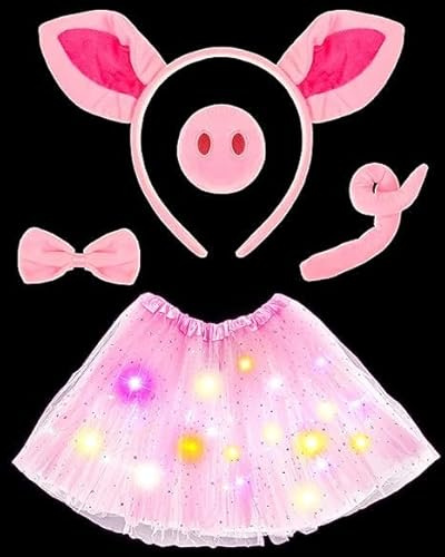 EKKONG Schwein Kostüm Kinder 5 Stück Schweinekostüm Schweineohren Schweinenase Schwanz Rosa Tütü mit LED Fliege Kostüm Bauernhof Tiere Karneval Zubehör