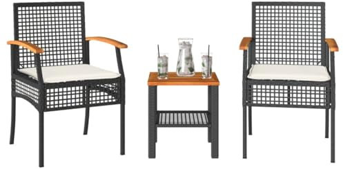 Xichuzi 3-TLG. Bistro-Set mit Kissen Schwarz Poly Rattan Akazienholz, Gartenset Tisch Und Stühle, Balkon Möbel Für Kleinen Balkon, Terrassenmöbel, Balkonset, Balkonmöbel, Möbelsets - 366259