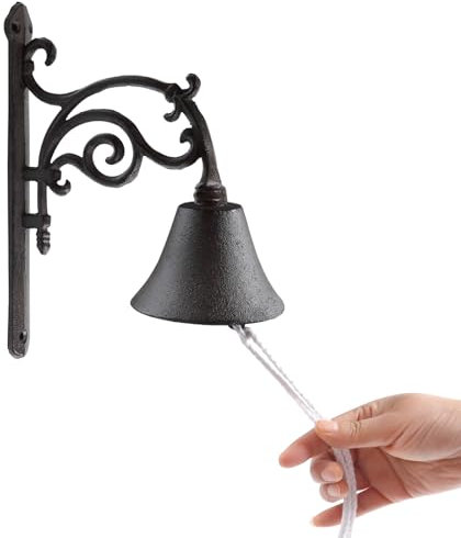 Decorative Iron Wall Mounted Bell with Rope Pull, Rustic Dinner Bell for Ship School Reception Church,Manually Shaking Doorbell for Outside Porch Garden,Black