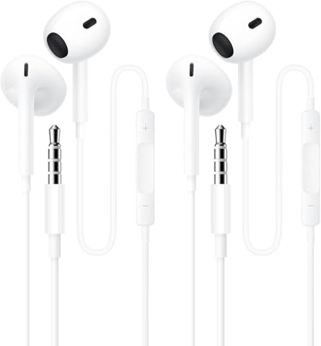 2 Pack 3.5mm Wired Headphone Plug, 3.5 mm headphones In-Ear Earphones, Noise Isolating with Built-in Microphone & Volume Control Compatible with Phone Pad Pod MP3 MP4 Samsung Laptop