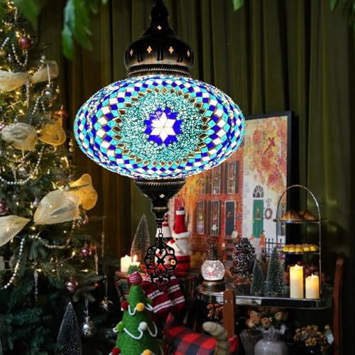 BOTOWI (8 Farben Türkischer Stil hängende Decke Mosaik Lampe Mehrfarbig dekorative Bunte Glaskugel Kronleuchter marokkanische Pendelleuchten Leuchten für Wohnzimmer Schlafzimmer Wohnkultur,Blau