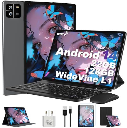 MIRGAMO Android 14 Tablet 10 Inch, Tablets 22GB RAM+128GB ROM (TF 1TB) Octa-Core/1920 * 1200 pixel/5G+WiFi 6,Widevine L1/8000mAh,Bluetooth 5.0/GMS/8+16MP/Widgets/Tablet with Keyboard+Mouse - Gray