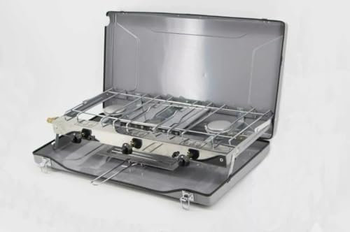 Portable Double Burner Camping Stove, Folding Gas Cooker with Grill, BBQ