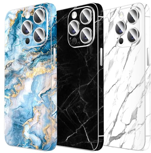 3 Stück Funkelnder Skin Schutz für iPhone, LucBuy Glitzer Steintextur Glänzender Aufkleber für die Kanten der Gesamten Abdeckung, Schutz für die Rückseite, Handydekorationen für iPhone 15 Pro
