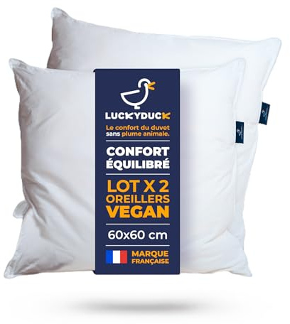 LUCKY DUCK Lot 2 Oreillers 60x60 - Soutien Moelleux et Stable - Microfibre Respirante - Percale de Coton - Format Carré Classique - Lavables en Machine