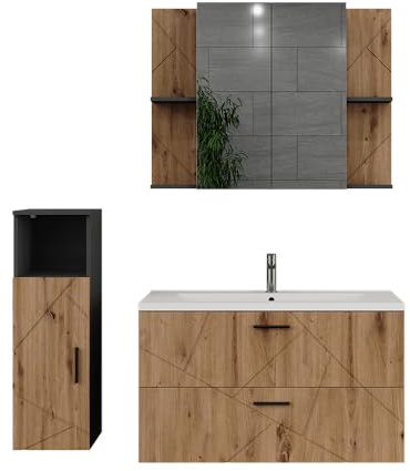 Vicco Badmöbel-Set Irma, Anthrazit/Goldkraft Eiche, 100 cm | besteht aus Waschbeckenunterschrank inkl. Waschbecken, Midischrank und Badspiegel