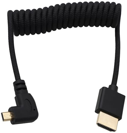 HangTon Cable en espiral micro HDMI a HDMI 8K 4K 60p en ángulo izquierdo para monitor Ninja V, Sony A7C R, Canon R6 mkII, XT30II, cámara Lumix S9, tipo A a tipo D, trenzado negro