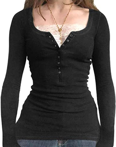 Women Lace Stitching V-Neck Fairy Crop Tops Y2K Long Sleeve Tight Shirt Spring Fall Downtown Girl Coquette Clothing (P-Black#2, S)