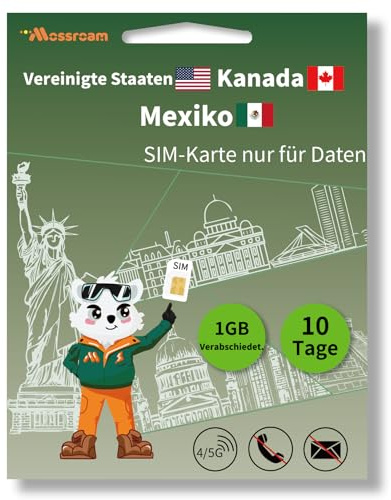 Nordamerika-Daten-SIM-Karte für Reisen – USA, Kanada und Mexiko, 1 GB 4/5G, tägliches LTE-Hochgeschwindigkeitsdatenvolumen für 10 Tage