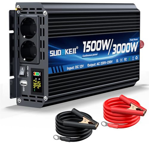 Onduleur 12V 230V 1500W/3000W Convertisseur De Tension Onduleur à Onde Sinusoïdale Modifiée avec 2 Prises Ca Et Port USB Et Type-C pour Voitures, Camping-Cars Et Véhicules