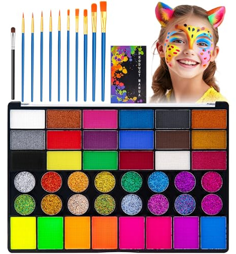 KICNIC Juego de maquillaje infantil, 42 colores, pintura facial, juego de maquillaje infantil para niñas, maquillaje teatral con 11 pinceles, base de agua para niños, pintura facial para Halloween