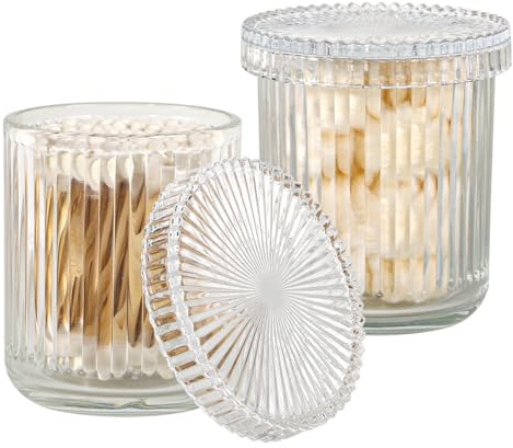 Tonxus Clear Bathroom Storage Organizer, 2pcs Glass Qtip Holder Dispenser, Glass Apothecary Jars with Lids, Modern Ribbed Bathroom Vanity Organizer Canister for Cotton Swabs, Cotton Balls, Pads