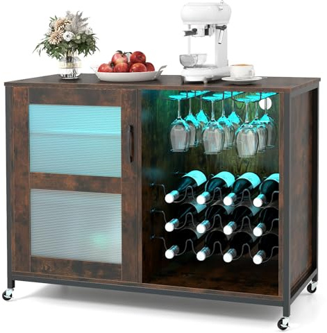 GIANTEX Armadietto per vino con illuminazione, armadio da bar con ruote, armadietto per vino e porta vetro, cucina con ripiani regolabili, credenza industriale