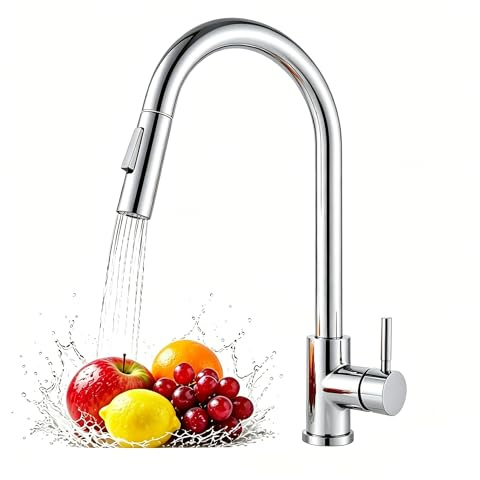 Kitchen Faucet with Pull Down Sprayer, Sink Faucet with Ceramic Cartridge, Stainless Steel Single Handle Sink Faucets for Farmhouse Camper RV Laundry (Silver)