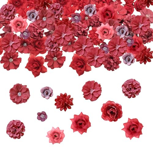 50er Rote Kunstblumen Mix Blumenköpfe 2-6cm Fake Künstliche Blumen wie echt, Streudeko Blumen Stoffblumen zum Basteln für Frühling Deko, Hochzeit, Gestecke, DIY Kranz, Sträuße, Tischdeko, Geschenke