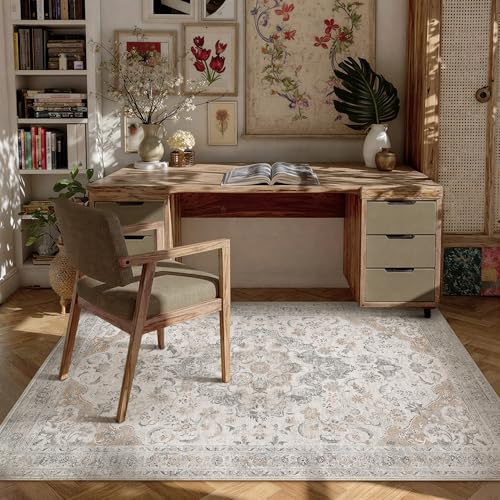 PureCozy grå gröna mattor vardagsrum 120 x 170 cm tvättbar vintage blommig halkfri matta låg lugg, fäller inte, traditionell orientalisk tryckt design, barnkammare sovrum matsal
