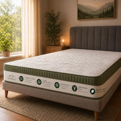 hERZtal 7-Zonen Taschenfederkernmatratze 22 cm – H2-H5 Härtegrade, beidseitiger Topper (weich/fest), ergonomisch & atmungsaktiv, Oeko-TEX, 30 Nächte Probeschlafen, gerollt geliefert (90x190 cm, H3)