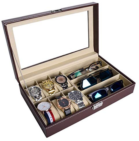 AUTOARK Boîte à bijoux en similicuir pour 6 montres et 3 lunettes de soleil, marron AW-020
