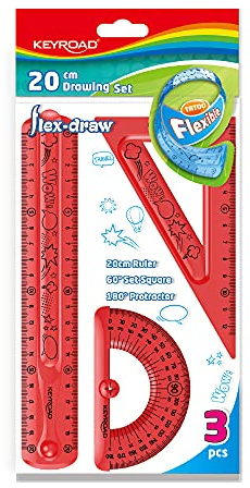 KEYROAD Juego de geometría flexible/Flex Draw con gráfico/juego de matemáticas de 3 piezas: 1 regla de 20 cm, 1 triángulo de dibujo, 1 transportador, agujero para colgar, colores mixtos