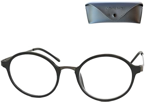 Mini Brille Runde Lesebrille Schwarz Graphit Metallbügel Unisex mit Etui | Runder schwarzer Rahmen, graphitfarbene Metallbügel, 130 mm Breite, 22 g und dunkles Etui
