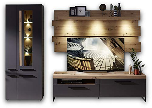 Stella Trading LOFT-TWO Wohnwand Komplett-Set in Artisan-Eiche Optik, graphit - Softclose Schrankwand für Ihr Wohnzimmer - 288 x 201 x 44 cm (B/H/T)