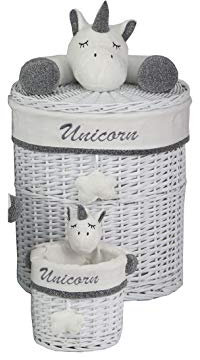 Meubletmoi Lot de 2 corbeilles Rondes en Saule Blanc avec Licorne et Doublure Blanche - Unicorn
