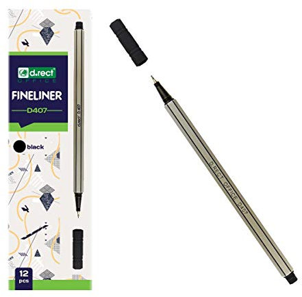 D.RECT Fineliner Set Schwarz 12 Stück - Feinschreiber mit 0,4 mm Spitze für Täglicher Schreib- und Schulbedarf