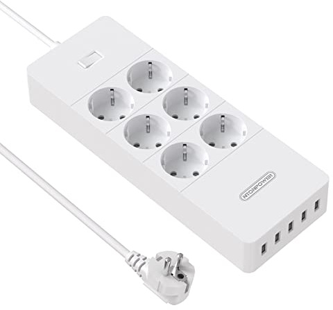 NTONPOWER - Regleta (4000 W/16 A) con 6 Tomas con 5 Puertos USB de Carga con Interruptor y Cable de 1,5 m, Color Blanco