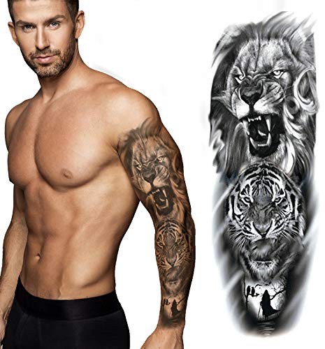 Lion and Tiger Temporary Tattoo Sleeve - Big Cats Full Arm Black Waterproof Transfer for Men Women Kids Fancy Dress Fake Tattoo
