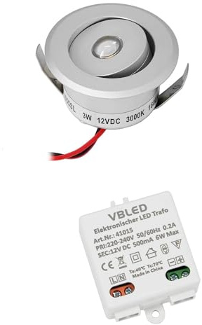 VBLED© 1er-Set 3W LED Mini Einbauspot -OCULOS Minispot 3000K mit Netzteil 12V DC Konstantspannung - Schwenkbar - Silber