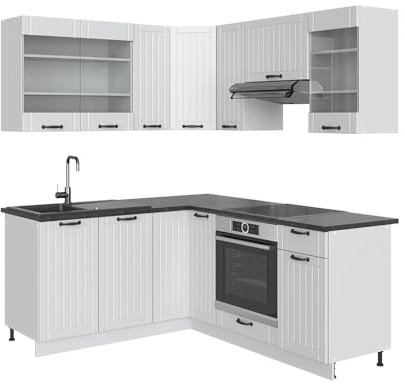 Vicco Eckküche Fame-Line, Weiß Landhaus/Weiß, 190 x 160 cm ohne Arbeitsplatte, zur individuellen Erweiterung und flexiblen Anordnung geeignet