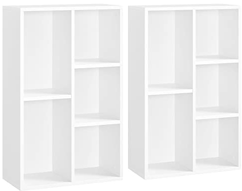 VASAGLE Bücherregal, Regal, Standregal, 2er Set, mit 5 Fächern, für Wohnzimmer, Arbeitszimmer, Kinderzimmer, Büro, als Raumteiler, 24 x 50 x 80 cm, weiß LBC025T14