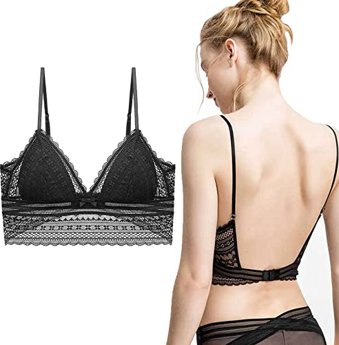 BOFUNX Damen Rückenfreier BH Unsichtbar Triangel Spitze BH U-Förmiger Rücken BH Tief V-Ausschnitt Bralette für Brautkleider Abendkleider (as3, Alpha, l, Regular, Regular, Schwarz)