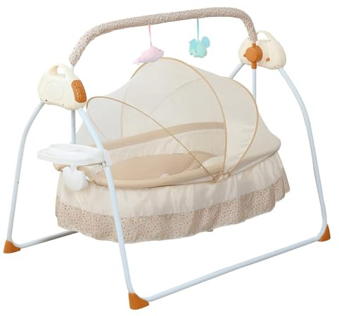 TFCFL Electric Baby Crib Cradle, 0-18 MonthsInfant Bed Auto Swing with Music, 25KG/55LBS Capacity, Foldable Baby Bassinet, Khaki