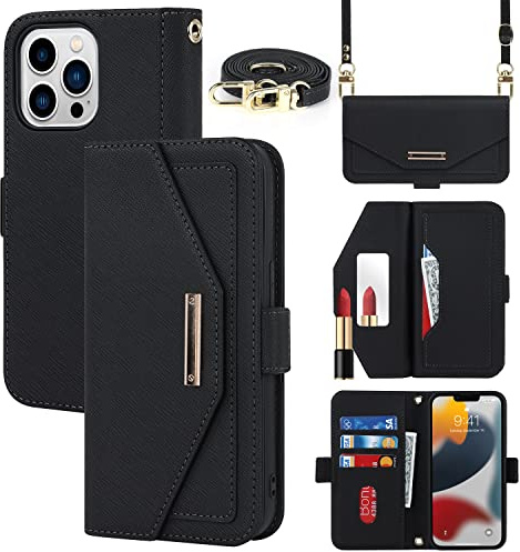 CAVOR Handykette Handyhülle kompatibel mit iPhone 13 Pro Max Hülle Mit Band,Flip Leder Geldbörse Handyhülle,[Spiegel][5 Kartenfach][Magnetisch],Klapphülle Handytasche zum umhängen - Schwarz