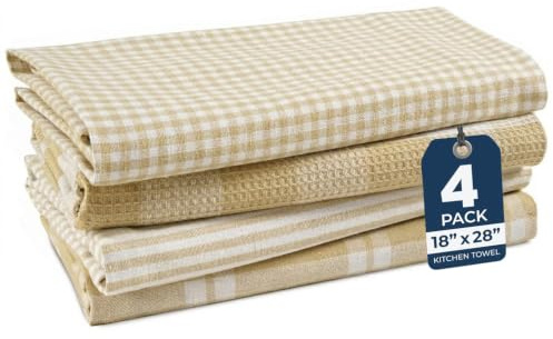 LANE LINEN Kitchen Tea Towels Set – 4 Pack (18” x 28”) 100% Cotton Dish Towel, Absorbent & Quick Drying Kitchen Cloth with Hanging Loop - Beige | Quick Drying, Multitextured, Tightly Woven Kitchen Towels, Paper Towel Replacement, Great for Kitchen Cleanup & Dish Drying