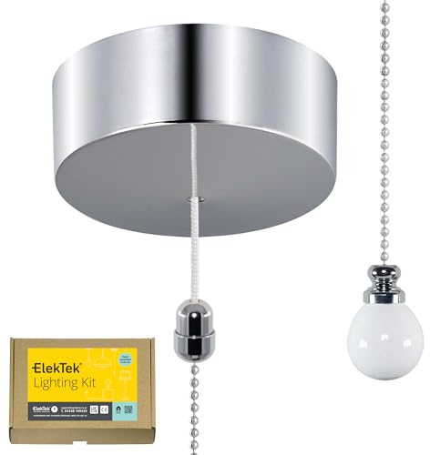 ElekTek UK Safety Approved Chrome Bathroom Light Pull Switch Kit White Ceramic Ball Fob Handle, EN 60669-1 & CE Mark, Metal Plated, Earth Terminal, 6A 250V, 1 or 2 Way use, Full Wiring Instructions