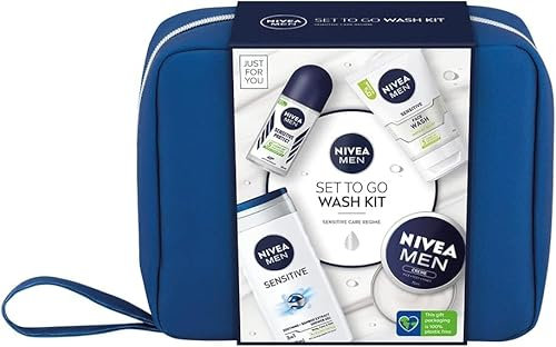 NIVEA MEN Feeling Set To Go Sensitive Care Kit Gift, Includes Face Wash, Shower Gel, Anti-Perspirant and Moisturiser, Men's Skincare