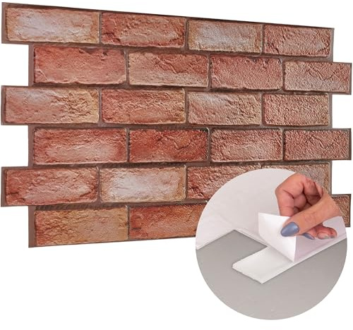 Self Adhesive 3D Wall Panels with Faux Brick Effect - Pack of 8 pcs Covers 39.68sqft (3.69sqm) - Stick On PVC Decorative Cladding 37.79x18.89 in (96x48cm) for Interior Wall Covering - Rustic Red Brown