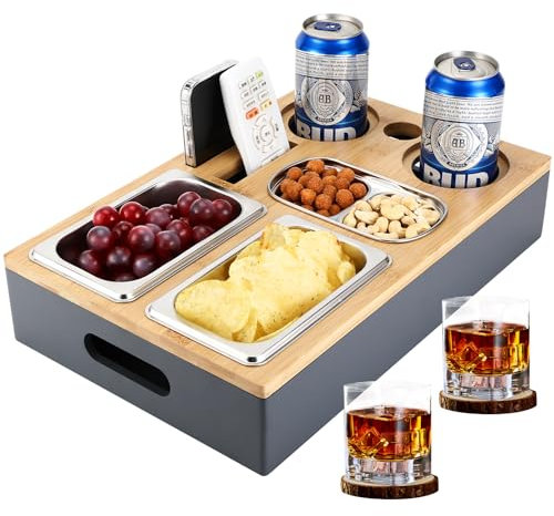 Collazoey Couchbar Snackbox, Mit Snackschalen Aus Edelstahl,mit Abnehmbarer Deckel, Couch Tablett, Sofaablage für Wohnzimmer Schlafzimmer Garten Camping
