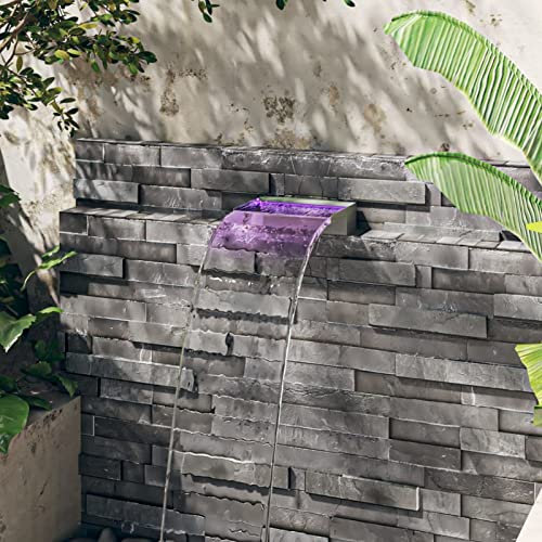 CIADAZ Wasserfall-Element mit RGB Wasserfall Garten, Gartenteich Wasserfall, Teichzubehör Wasserfall, Edelstahl 30 cm