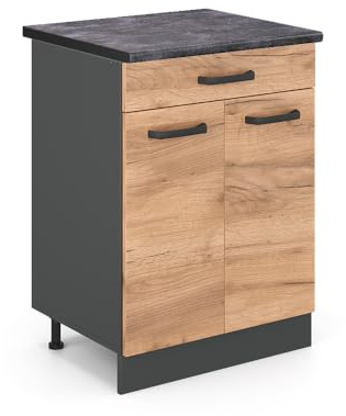 Vicco Küchenunterschrank R-Line, Goldkraft Eiche, 60 cm | 1 Schublade · AP Anthrazit inkl. · Höhenverstellbare Füße · 2 Türen · ✓ Leichter Zugriff