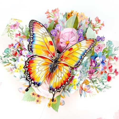 SULOLI 3D Carte Papillon Pop-Up Fleurs avec Papillons Carte de Voeux avec Enveloppe pour Couple Amoureux Marié Mariée Fête des Mères Noël (Rose)