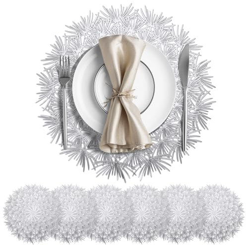 Platzset Rund PVC Abwaschbar Platzdeckchen Hitzebeständige 38cm Tischsets Ausgehöhltes Design Wasserdicht Und Ölbeständig Tischmatten Dekorative Platzdeckchen Silber Tischsets 6er Set