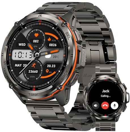 KOSPET Tank Reloj Inteligente Hombre GPS, 480 mAh de Batería, 50m Impermeable, Cuerpo de Acero Inoxidable 1.43'' AMOLED Resistente Smartwatch Redondo con Correa de Metal, Altitude & Llamadas