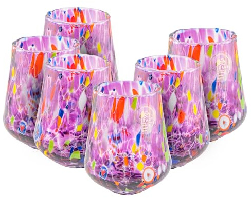 MurArt Verres de Murano Lot de 6 verres de 300 ml en verre soufflé à la main fabriqués à la main en Italie B8 (Améthyste, verres à eau 6 pièces)